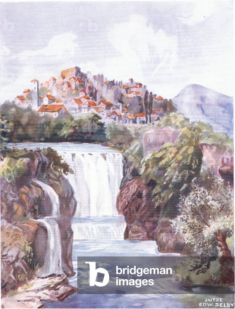 A view of Jajce, Yugoslavia, illustration from Hutchinson's Picturesque Europe Vol 3 published by Hutchinson & Co Ltd, c.1920 (colour litho)