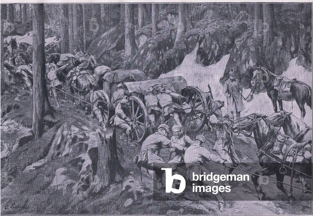 Transportation of heavy artillery uphill into Higher Vosges, from The Illustrated History of the World War 1914-1915 pub. by Union Berlagsefellfchaft, 1922 Vol. 3 (litho)