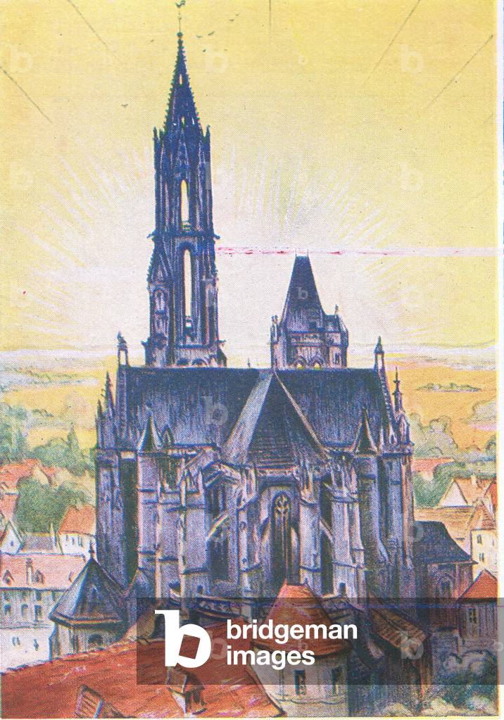 A colour ride in France: the Cathedral of Senlis, illustration from My Magazine, 1925 (colour litho)