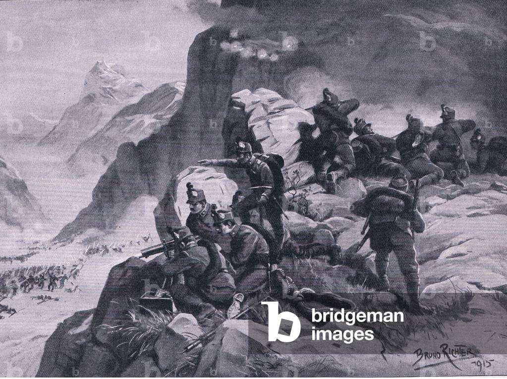 Tyrolean Imperial troops repulsing an attack by Alpini and Bersag on the Monte Nero, from The Illustrated History of the World War 1914-1915 pub. by Union Berlagsefellfchaft, 1922 Vol. 3 (litho)