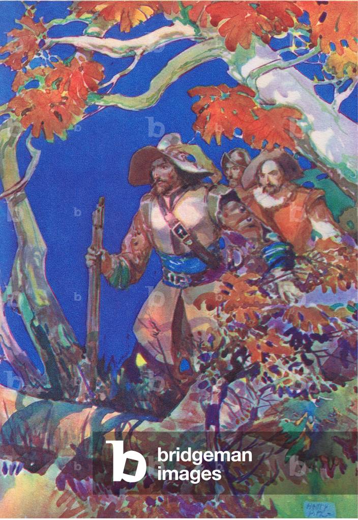 They pushed their way through the woods, from The Childrens Hour: Adventures and Achievements published by Waverley Book Company, c.1930 (colour litho)