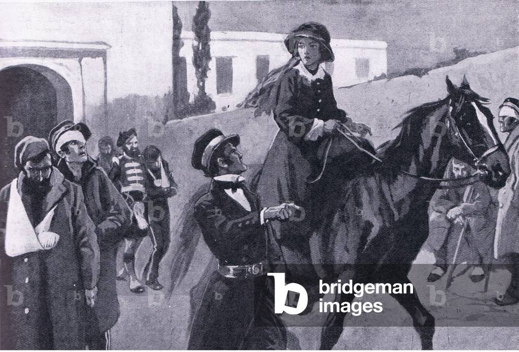 Florence Nightingale May 1855, riding out from Balaclava , illustration from'Cassell's Romance of Famous Lives', c.1940 (litho)