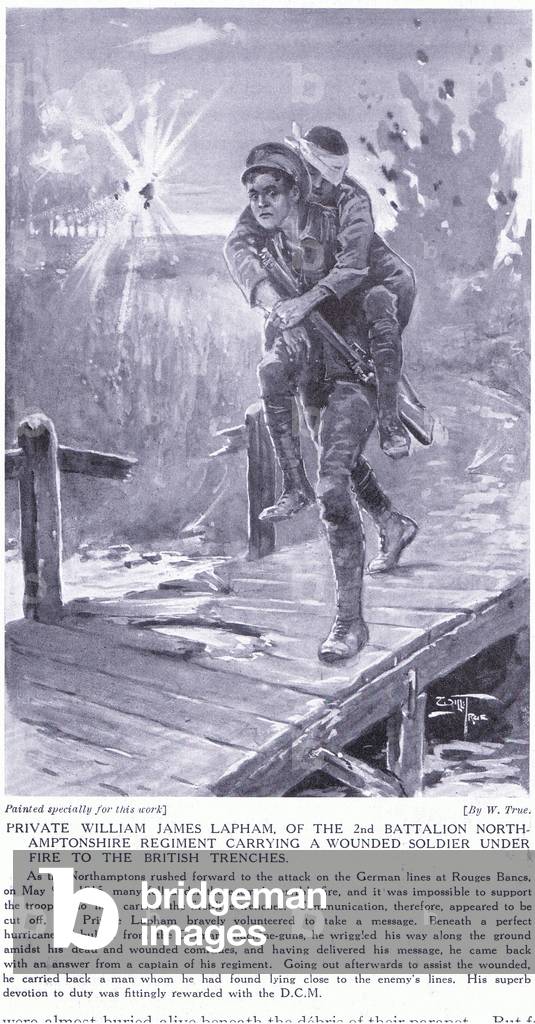 Private William James Lapham awarded DCM for carrying a wounded soldier under fire to the British trenches at Rouges Banc 1915 (litho)