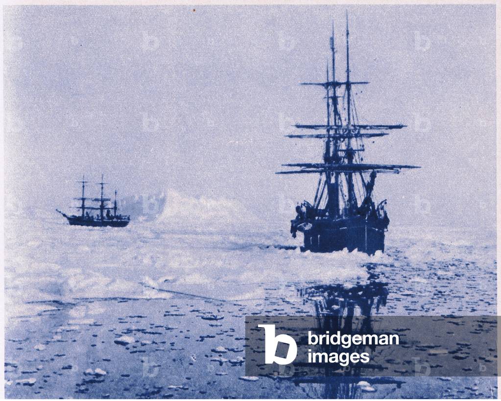 Arctic whalers making their way through the broken ice in Baffin Bay, illustration from My Magazine (Arthur Mee), c.1920-30 (litho)