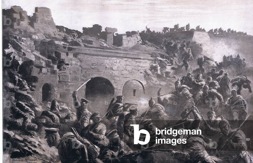 The storming of a fort in Kavno, from The Illustrated History of the World War 1914-1915 pub. by Union Berlagsefellfchaft, 1922 Vol. 3 (litho)