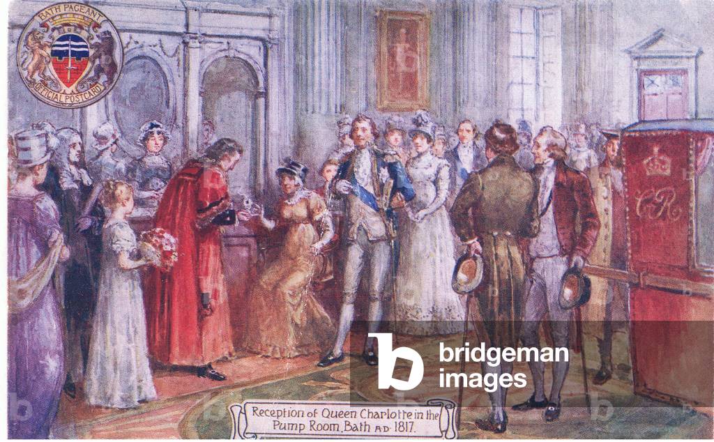 Reception of Queen Charlotte in the Pump Rooms, Bath AD1817, illustration from Postcards: Bath Historical Pageant c.1940 (colour litho)