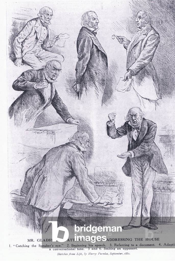 Mr Gladstone's attitudes when addressing the house, from Cassells History of the British People published by the Waverley Book Company Limited, c.1940 (litho)