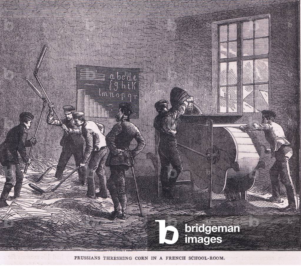 Prussians threshing corn in a French school room, Cassells History of the War between France and Germany published by Cassell and Company Limited, c.1890 (litho)