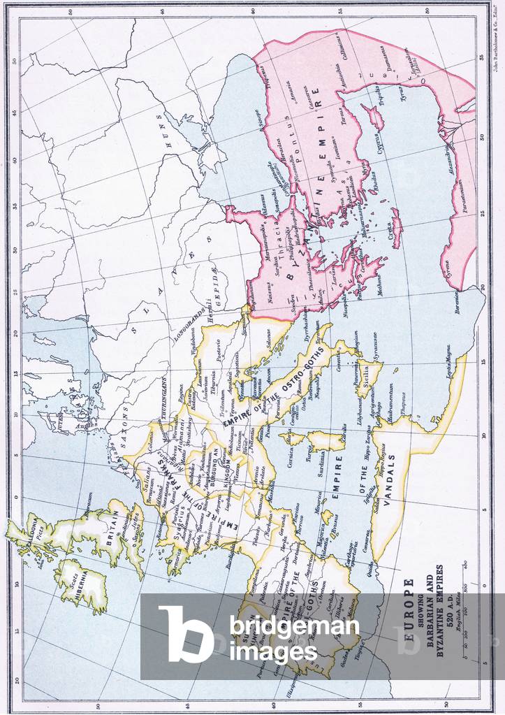 Map of Europe showing Barbarian and Byzantine Empires 520 AD, from The Gresham Publishing Company Ltd, 1920 (colour litho)