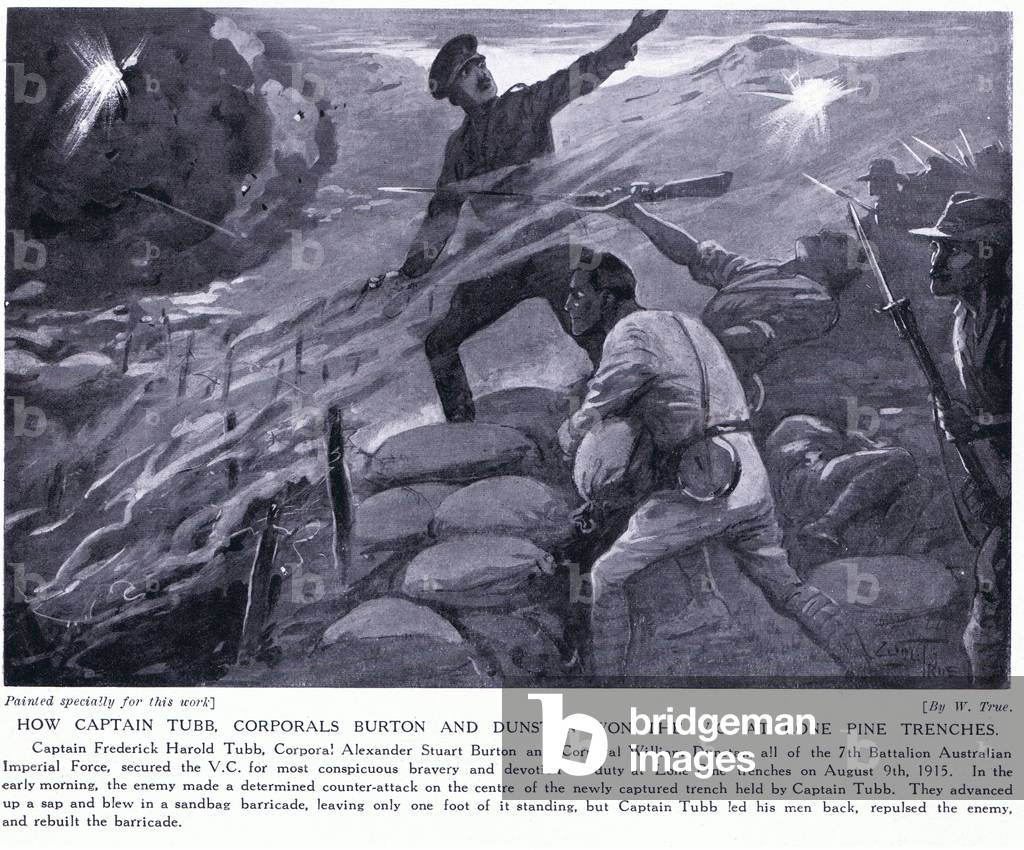 Captain Tubb, Corporals Burton and Dunstan won the VC at Lone Pine trenches August 1915  (litho)