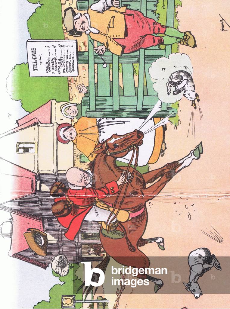 Gilpin loses his hat, wig and cloak, from Blackie's Popular Nursery Rhymes published by Blackie and Sons Limited, c.1920 (colour litho)