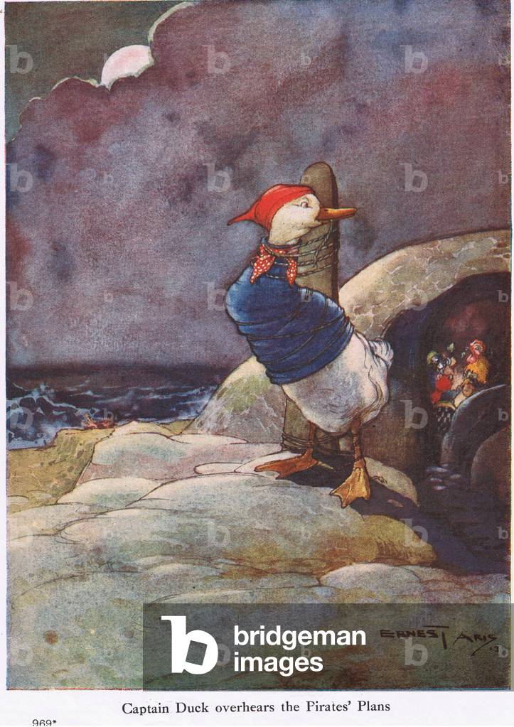 Captain Duck overhears the pirates plan, illustration from 'Pirates Three', Blackie's Annual, c.1920 (colour litho)
