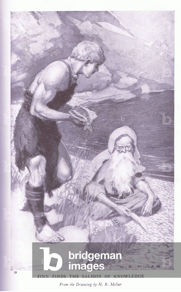 Finn finds the salmon of knowledge, illustration from Celtic Myth and Legend published by The Gresham Publishing Company, c.1920 (litho)