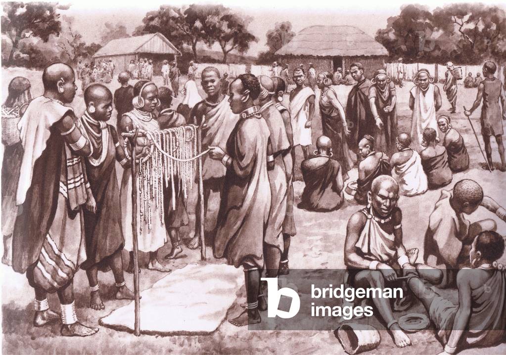 Market scene in Kikuyu, from MacMillan school posters, c.1950-60s (litho)