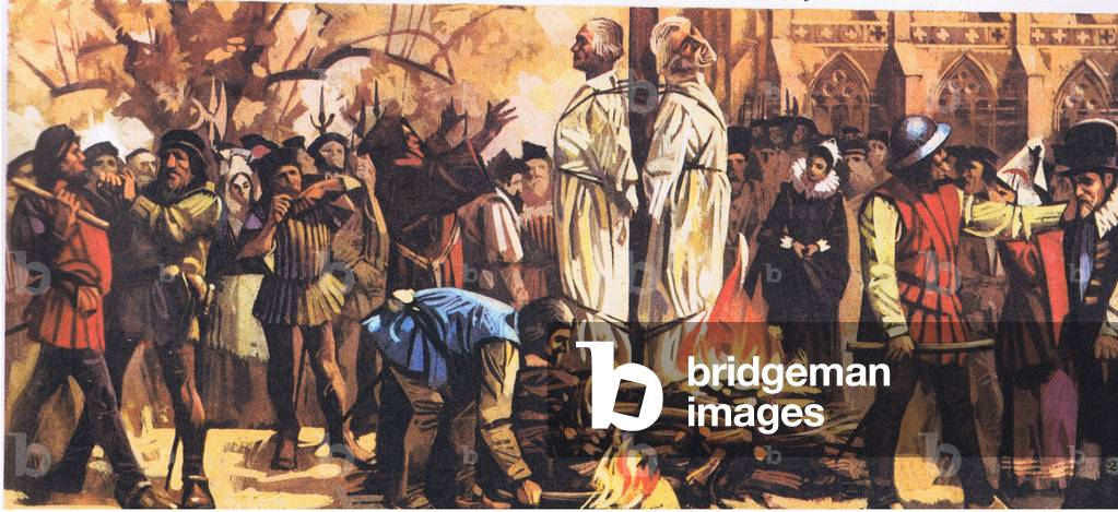 Latimer and Ridley burnt at the stake, from Knowledge Magazine, 1963 (colour litho)