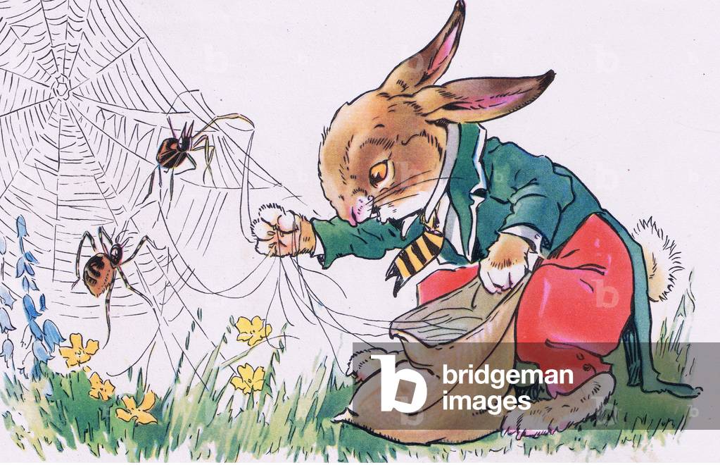 Collecting the spiders and their web (colour litho)