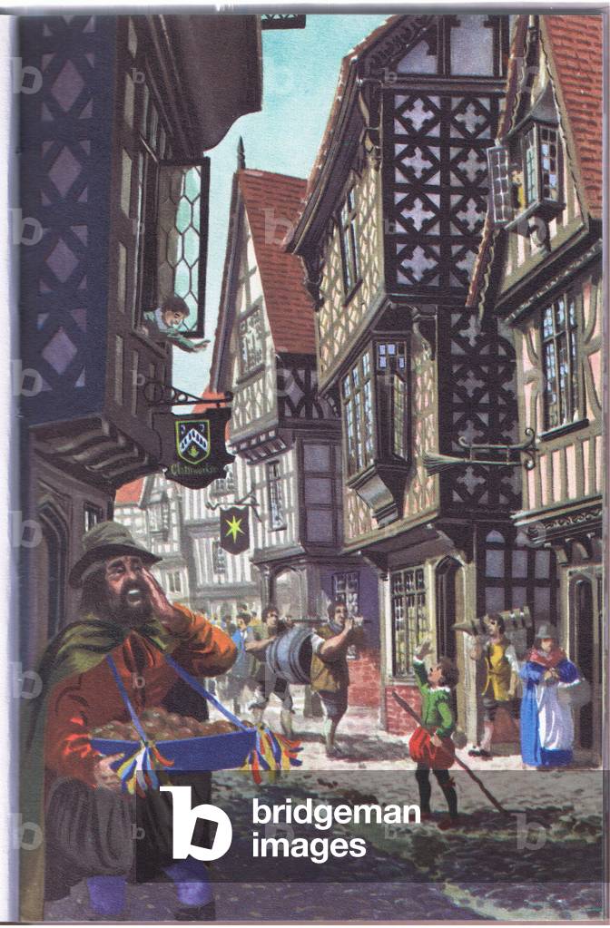 Half timbered houses of the Tudor period (colour litho)