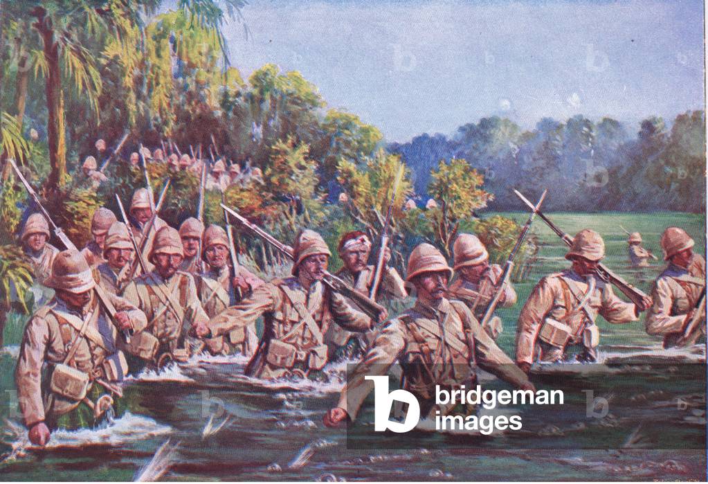 The Argyll and Sutherland Highlanders crossing the Modder River (litho)