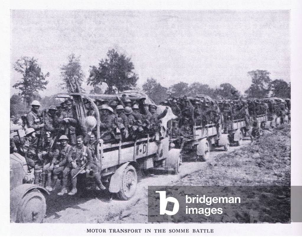 Motor transport in the Battle of the Somme, from Cassells History of the British People published by the Waverley Book Company Limited, c.1940 (b/w photo)