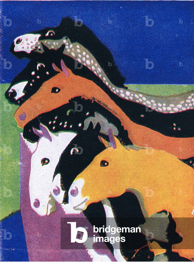 The patient horses look out at Barnet Fair (A colour ride from Charing Cross) , from My Magazine, pub.1922 (colour litho)