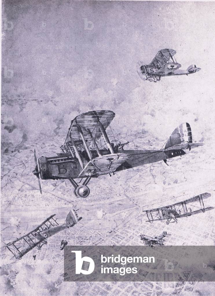 The first British raid on Mannheim, December, 1917, from British Adventure published by Collins, 1947 (litho)
