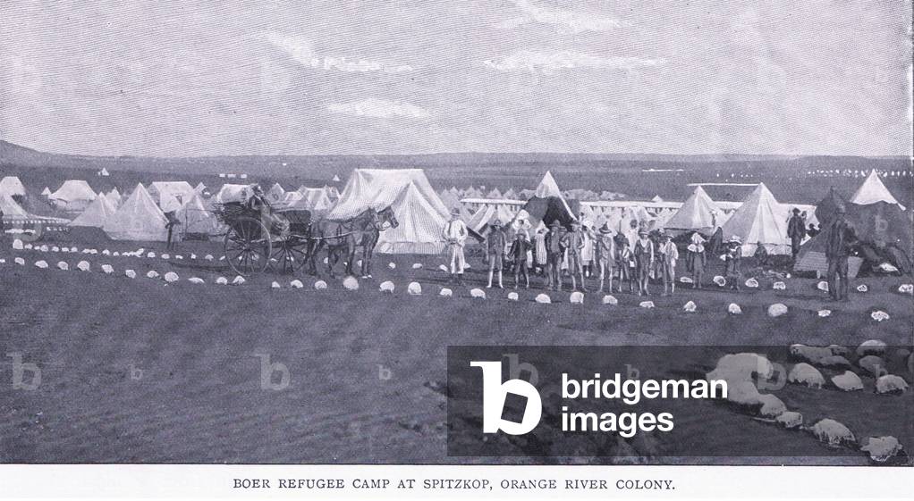 Boer refugee camp at Spitzkop, Orange River colony, from After Pretoria: The Guerilla War published by Harmsworth Bros Limited, 1901 (b/w photo)