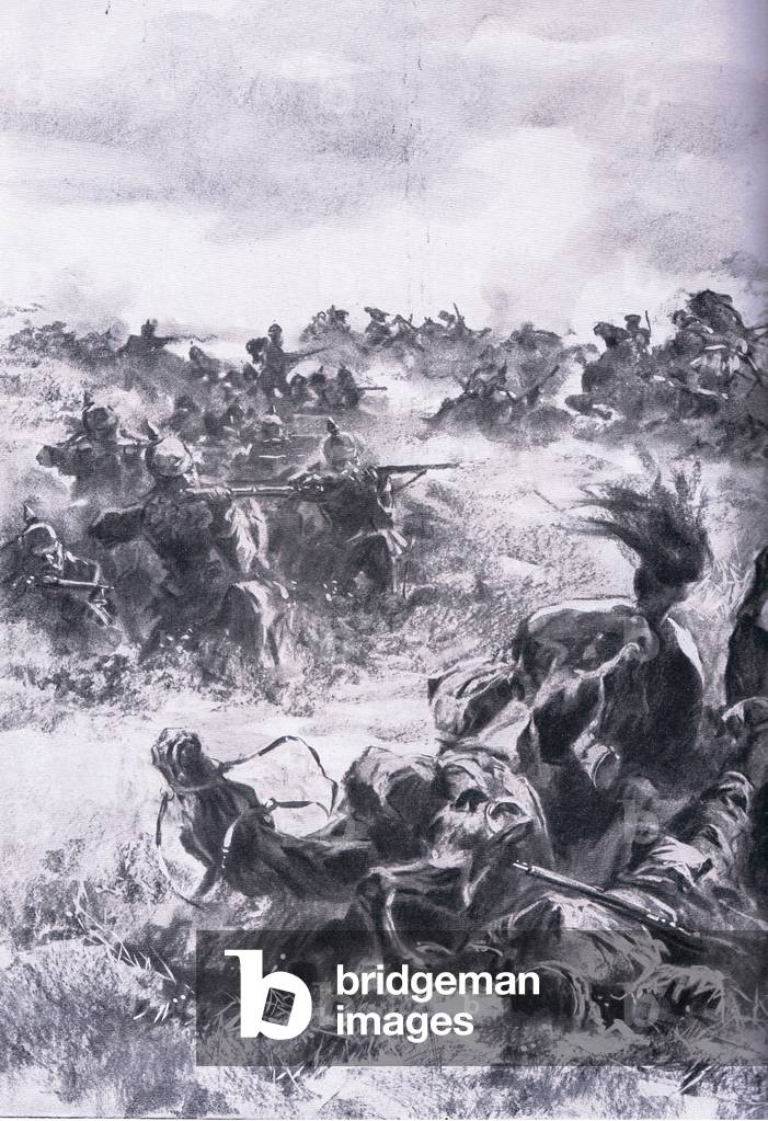 Defeat of the 14th Russian Cavalry Brigade at Praszysz, from The Illustrated History of the World War 1914-1915 pub. by Union Berlagsefellfchaft, 1922 Vol. 3 (litho)