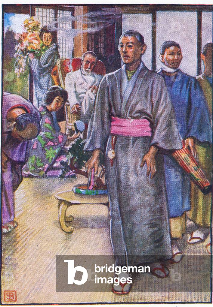 Exit Yamadori, illustration from Favourite Operas published by Thomas Nelson and Sons Ltd, c.1930 (colour litho)