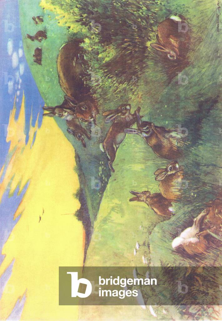 Rabbits and young ones, illustration from 'Folio of School posters. Printers unknown', c.1940-56 (colour litho)