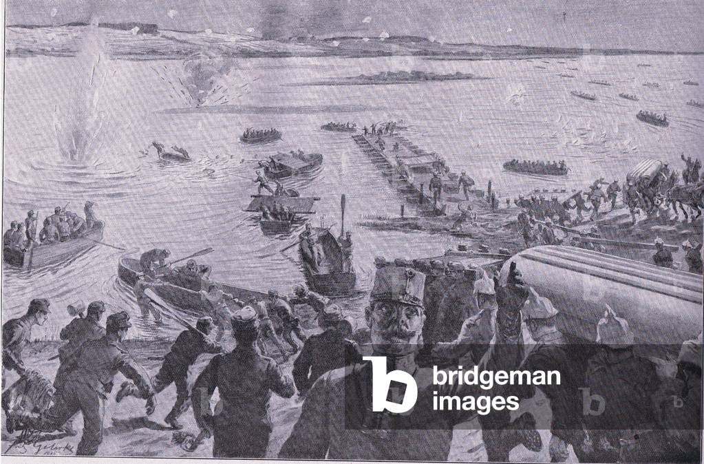 Crossing the Weichrel at Domaslew, from The Illustrated History of the World War 1914-1915 pub. by Union Berlagsefellfchaft, 1922 Vol. 3 (litho)