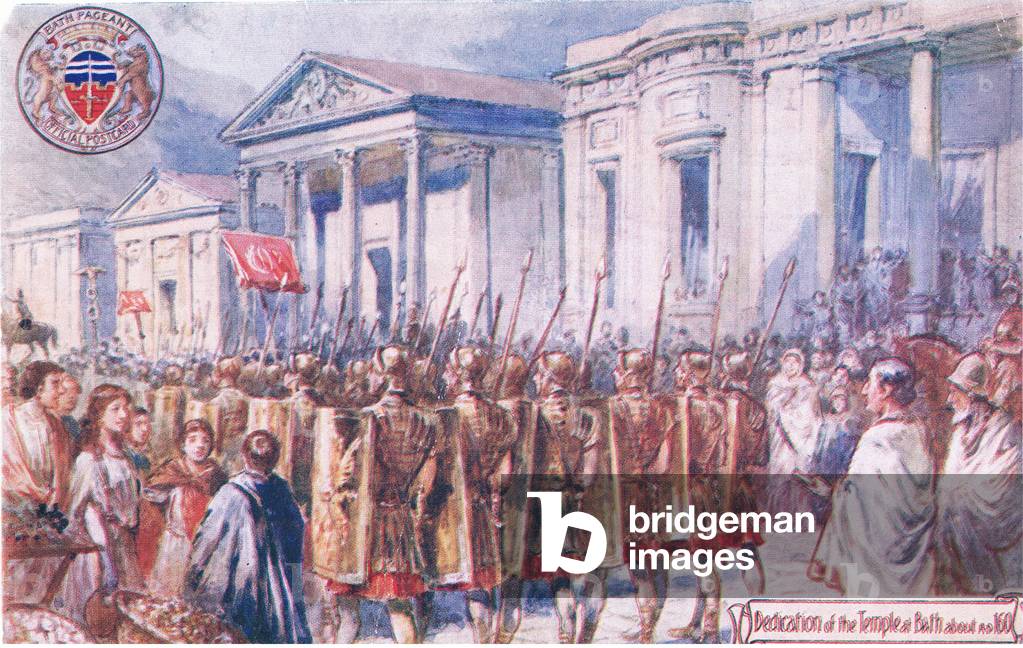 Dedication of the Temple at Bath AD160, illustration from Postcards: Bath Historical Pageant c.1940 (colour litho)