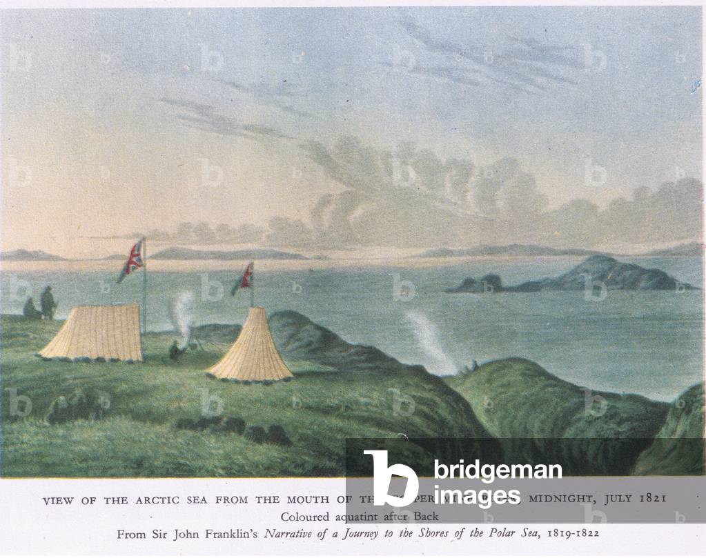 View of the Arctic Sea from the mouth of the Copper Mime River, midnight July 1821 (Narrative of a Journey to the shores of the Polar Sea), from British Adventure published by Collins, 1947 (colour litho)