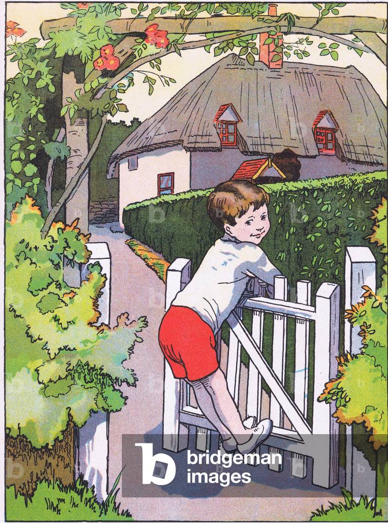 Swinging on the gate, from Jolly Days in the Country published by Blackie & Son Ltd, 1949 (colour litho)