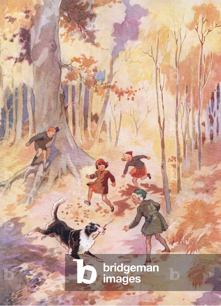 Playing in the woods, from The Holiday Book pub.1950's (colour litho)