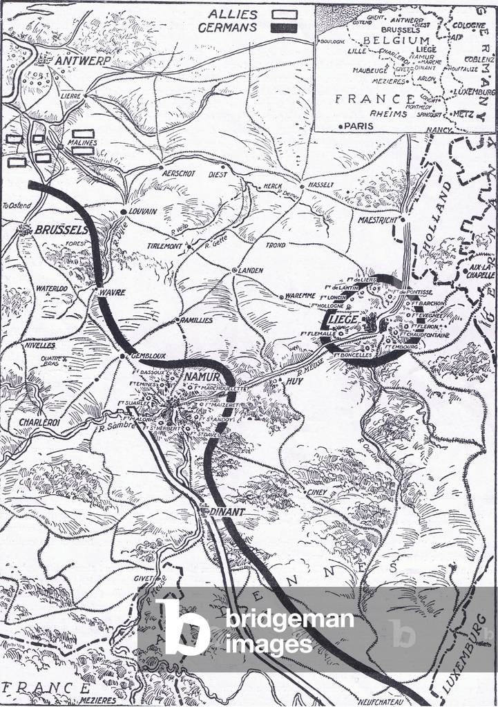 A Fateful day: Namur (map), from The Great War The Amalgamated Press Limited, 1914 (colour litho)