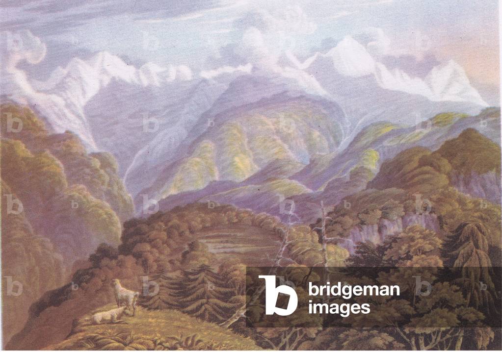 The Valley of Jumna showing the two grand peaks of Bunder Punch (from Fraser's Himalayas, 1820), from British Adventure published by Collins, 1947 (colour litho)