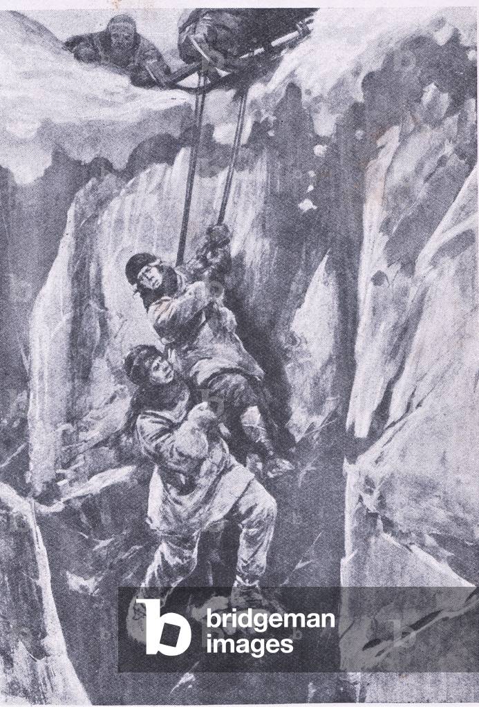 Playing hide and seek with death: Scott and Evans in a yawning crevasse, illustration from'Cassell's Romance of Famous Lives', c.1940 (litho)