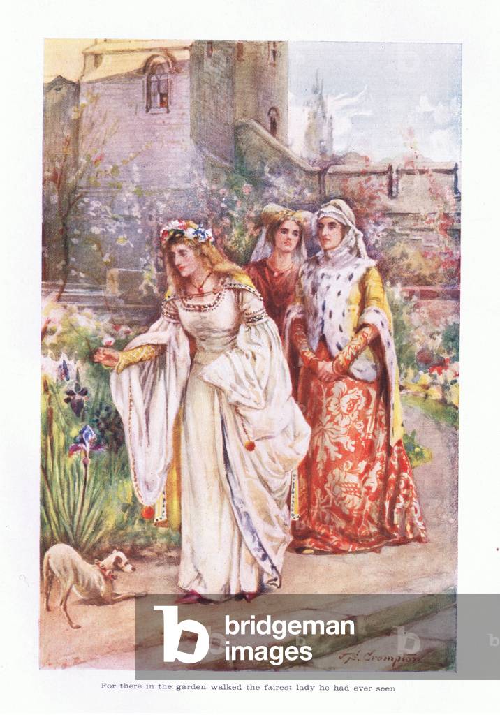 For there in the garden walked the fairest lady he had ever seen, 1910 (colour litho)