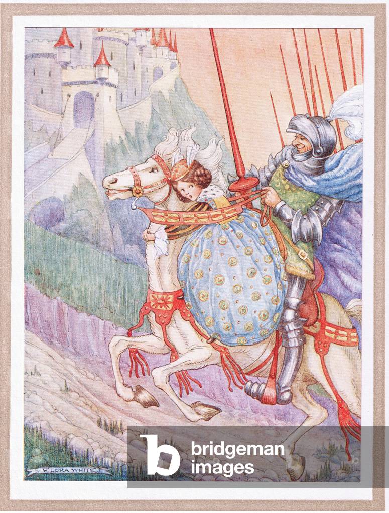 The captain galloped away to a castle on the top of the hill (colour litho)