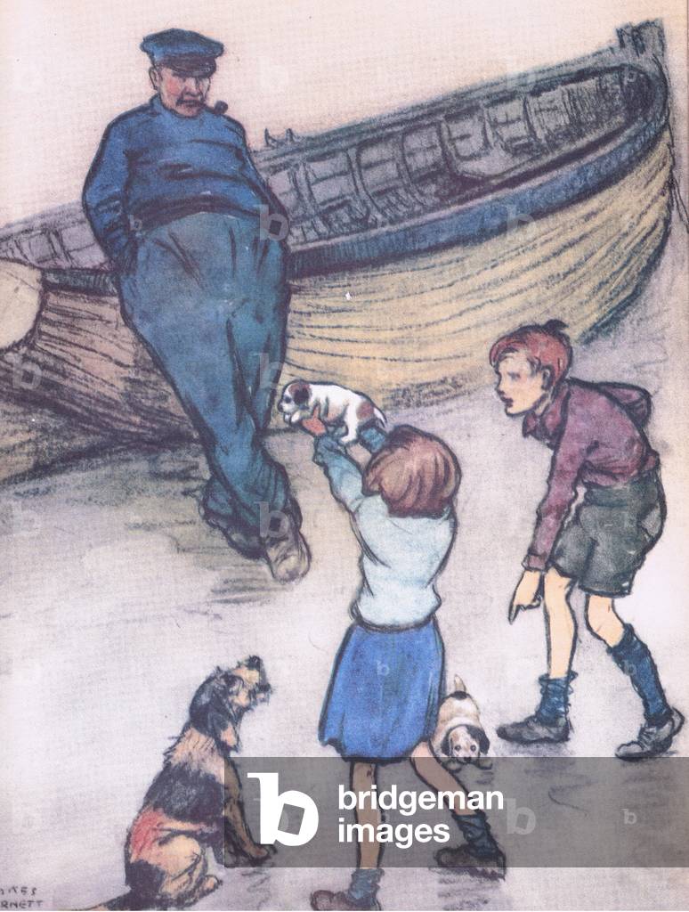 Rosie looke on anxiously while her babies were being shown off, from Mudlarks published by Collins, 1940 (colour litho)