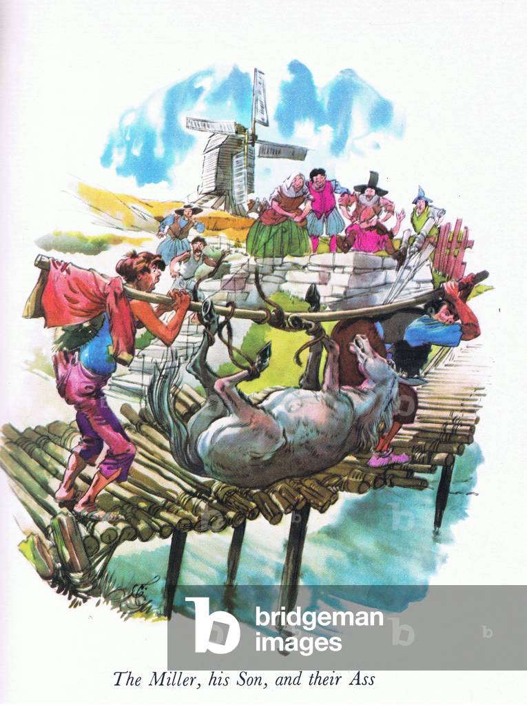 The miller, his son and their ass , from Aesop's Fables including Fables by La Fontaine and others published by Ward Lock, 1968 (colour litho)