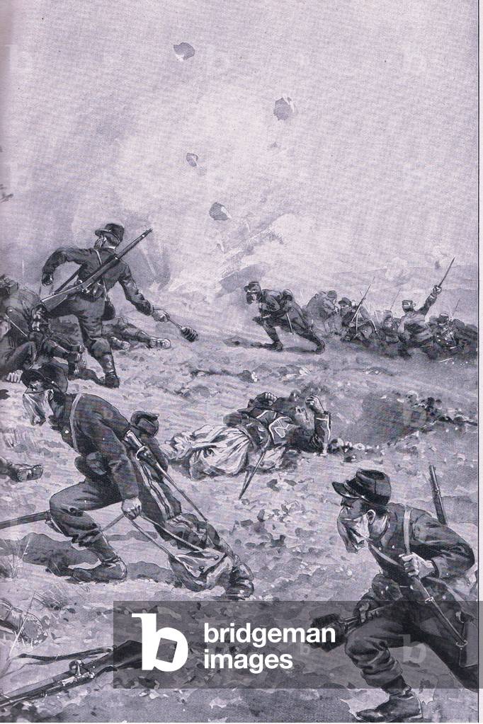 A French hand grenade attack at Les Spanges, from The Illustrated History of the World War 1914-1915 pub. by Union Berlagsefellfchaft, 1922 Vol. 3 (litho)