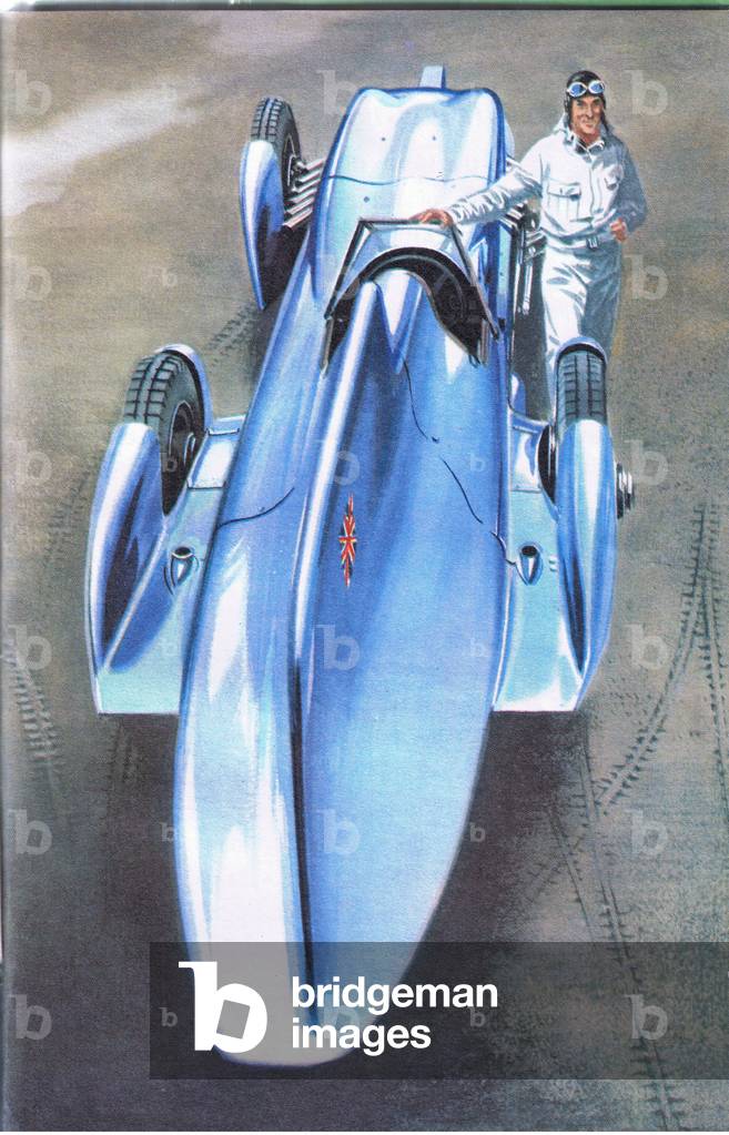 Malcolm Campbell with his 300 mph 'Bluebird' (colour litho)
