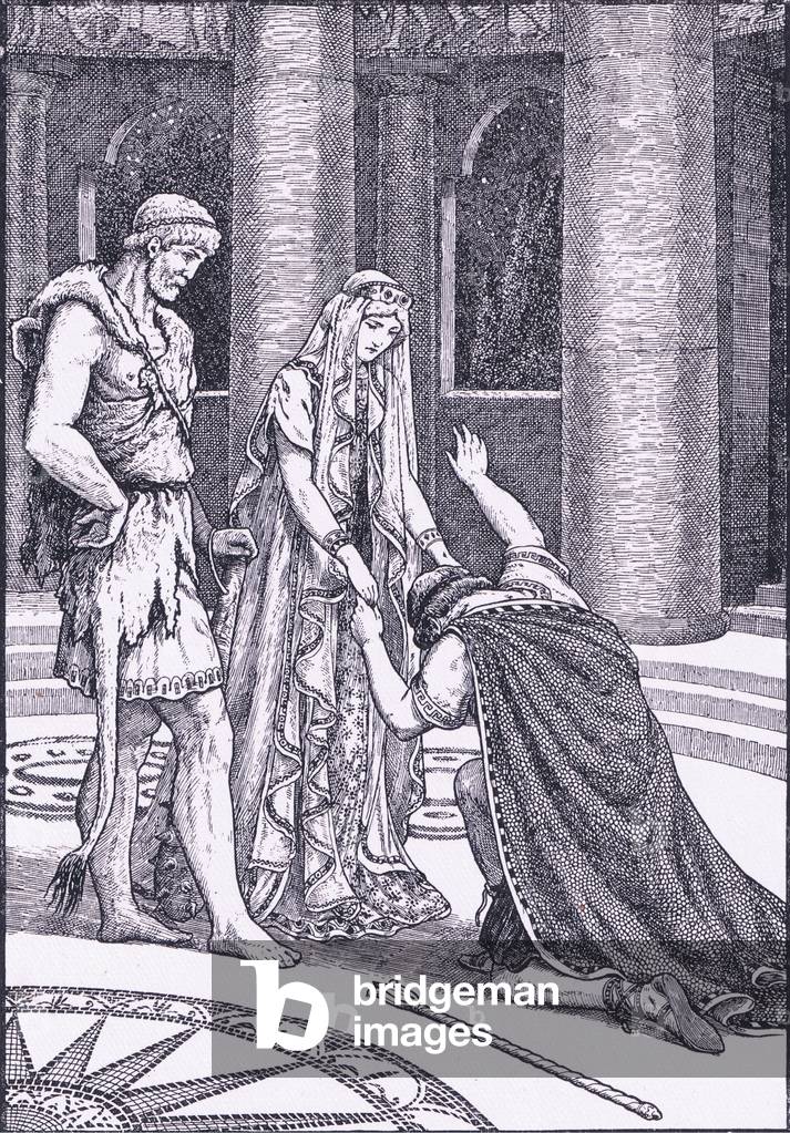 She answered him never a word, but held out both her hands and raised him from his knees, illustration from 'Children of the Dawn ', 1925 (litho)