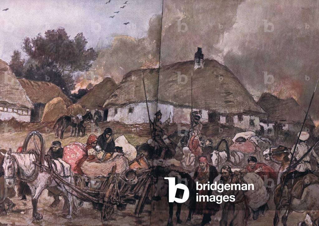 On the way to Brest-Litowsk: Polish regugees with Cossacks following at the rear, from The Illustrated History of the World War 1914-1915 pub. by Union Berlagsefellfchaft, 1922 Vol. 3 (colour litho)