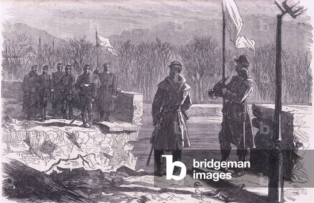 The peace negotiations-a meeting at the Bridge of Sevres, Cassells History of the War between France and Germany published by Cassell and Company Limited, c.1890 (litho)