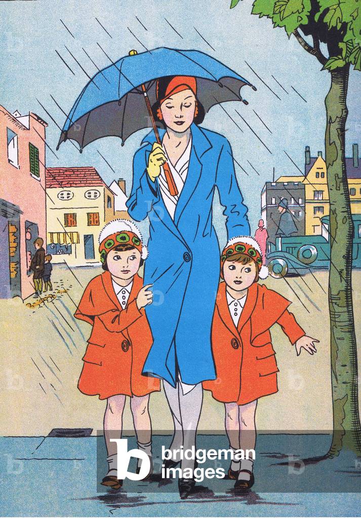 Who minds the rain, from Jolly Days in the Country published by Blackie & Son Ltd, 1949 (colour litho)