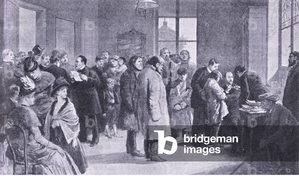 Pasteur surrounded by patients at his surgery, illustration from'Cassell's Romance of Famous Lives', c.1940 (litho)