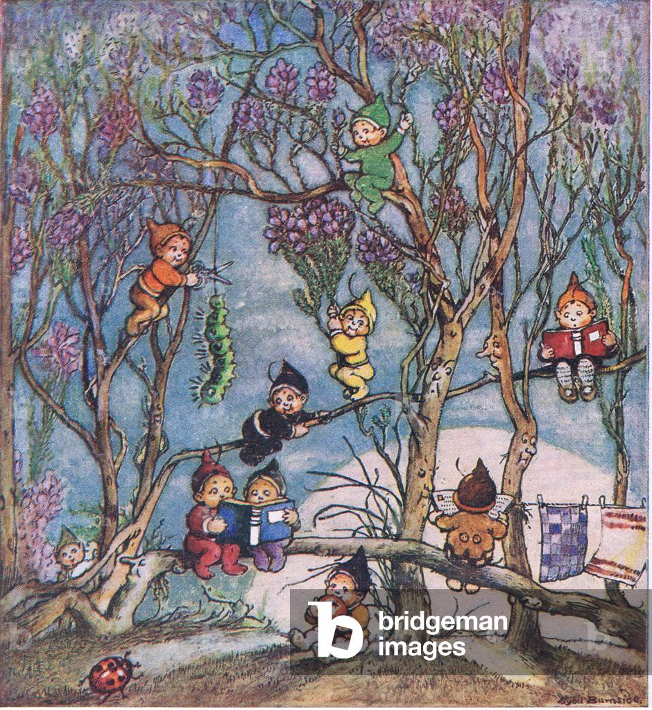 Pucksy gnome: the gnomes were busy reading their books, illustration from My Magazine (Arthur Mee), c.1920-30 (colour litho)