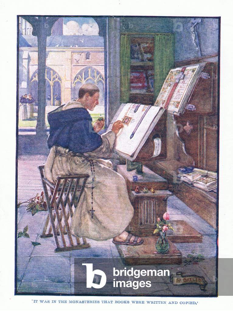 It was in the monasteries that books were written and copied, from English Literature pub.by T C & EC Jack, c.1920 (colour litho)